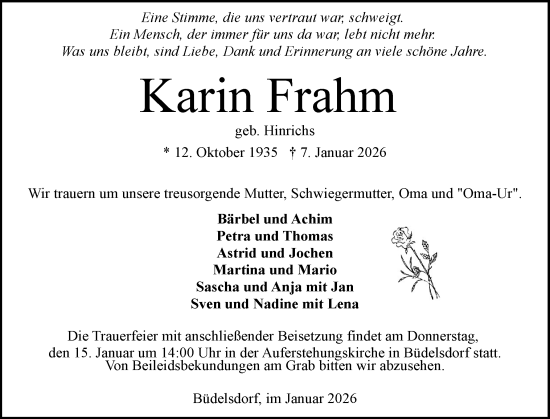 Traueranzeige von Karin Frahm von Schleswig-Holsteinische Landeszeitung