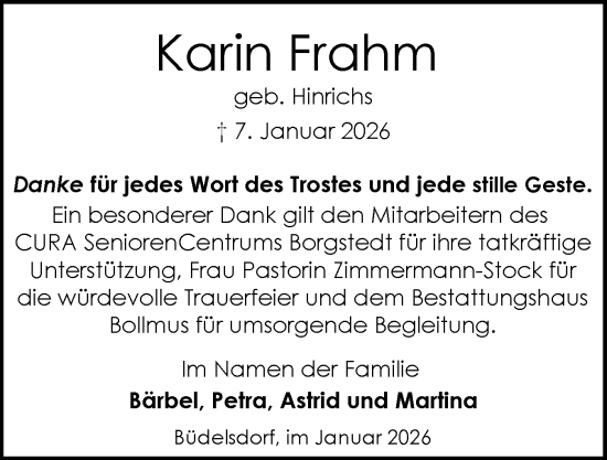Traueranzeige von Karin Frahm von Schleswig-Holsteinische Landeszeitung