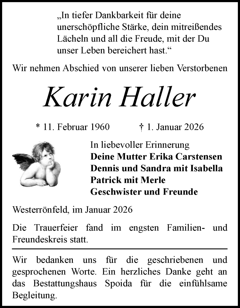  Traueranzeige für Karin Haller vom 31.01.2026 aus Schleswig-Holsteinische Landeszeitung