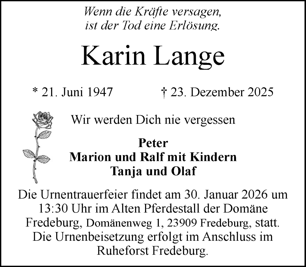  Traueranzeige für Karin Lange vom 24.01.2026 aus MARKT Ratzeburg/Mölln