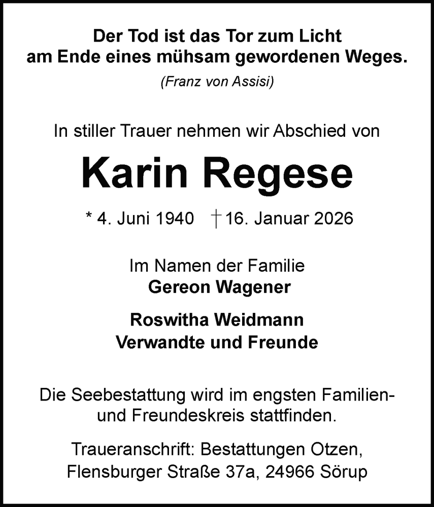  Traueranzeige für Karin Regese vom 31.01.2026 aus Flensburger Tageblatt