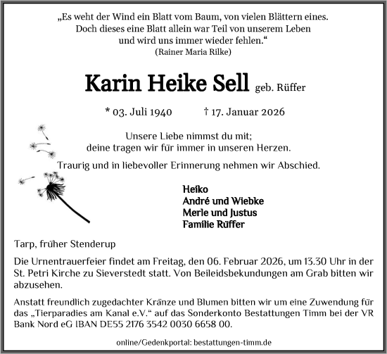 Traueranzeige von Karin Heike Sell von Flensburger Tageblatt