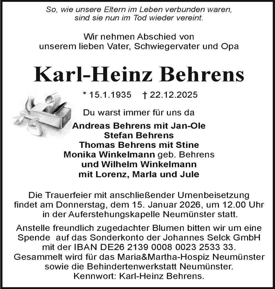  Traueranzeige für Karl-Heinz Behrens vom 03.01.2026 aus Holsteinischer Courier