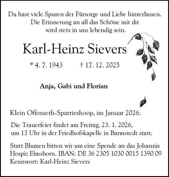 Traueranzeige von Karl-Heinz Sievers von Elmshorner Nachrichten, Barmstedter Zeitung