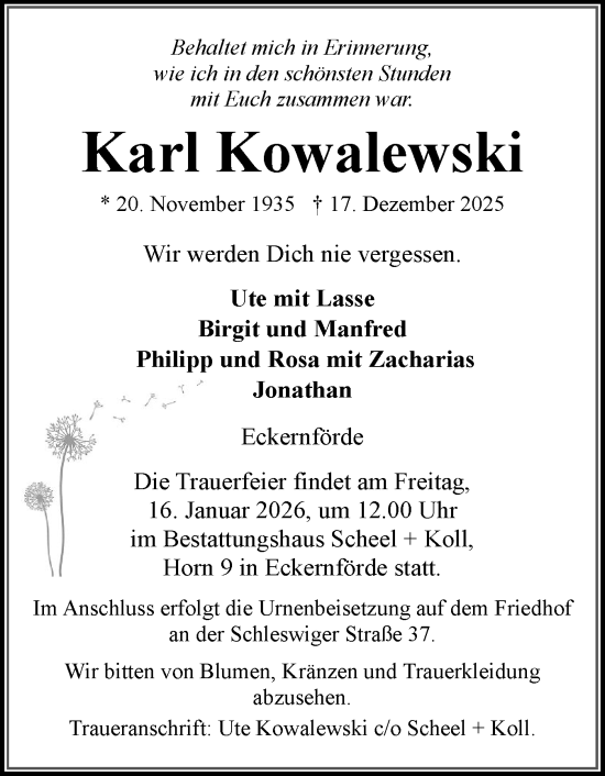 Traueranzeige von Karl Kowalewski von Eckernförder Zeitung, Hallo Eckernförde