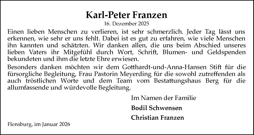  Traueranzeige für Karl-Peter Franzen vom 17.01.2026 aus Flensburger Tageblatt