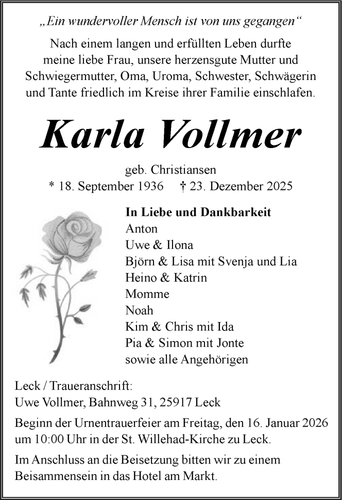  Traueranzeige für Karla Vollmer vom 03.01.2026 aus Husumer Nachrichten, Nordfriesland Tageblatt