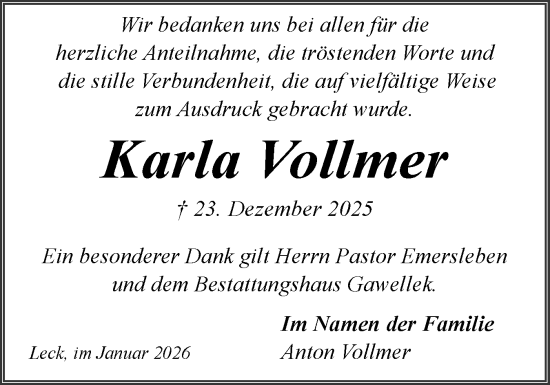 Traueranzeige von Karla Vollmer von Husumer Nachrichten, Nordfriesland Tageblatt