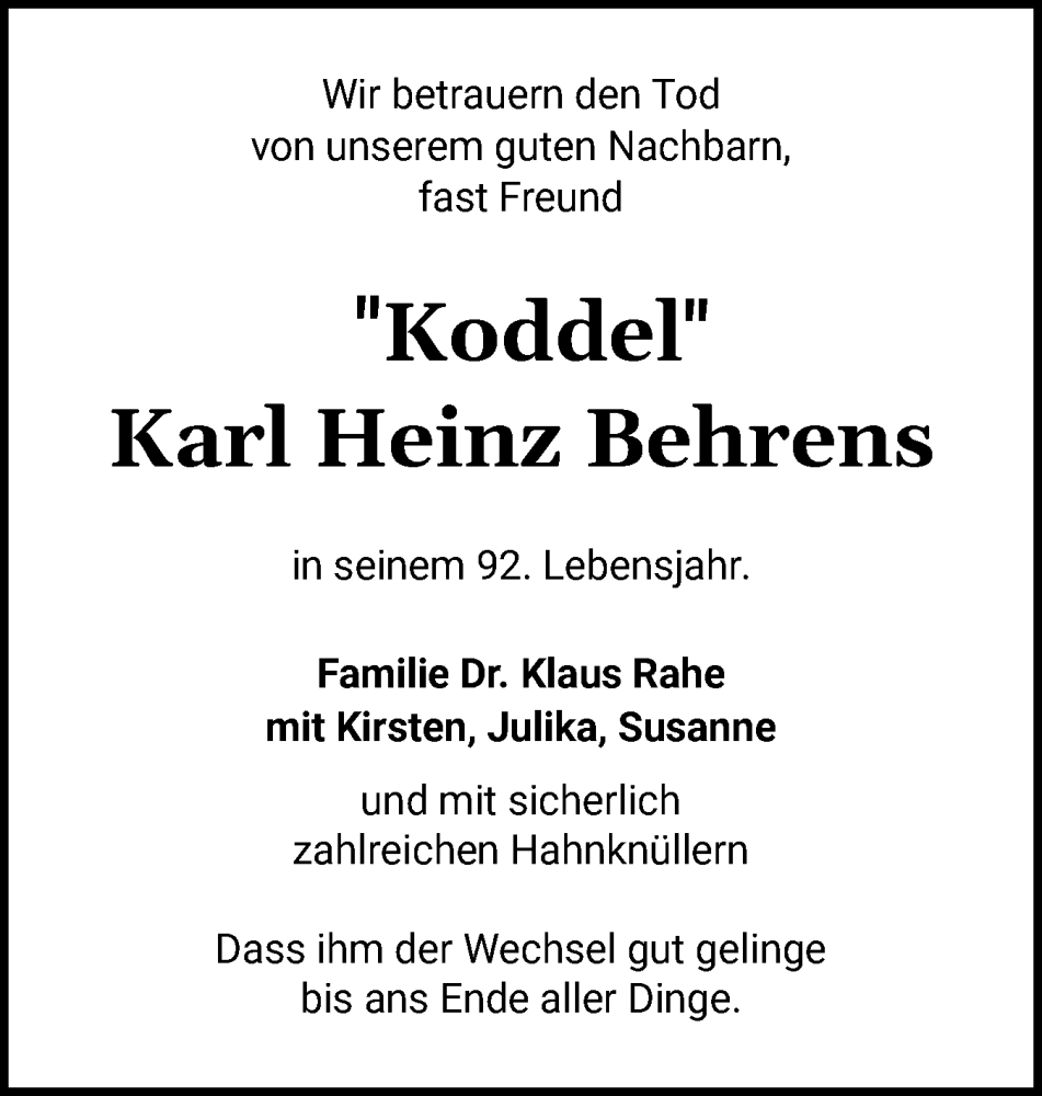  Traueranzeige für Karl Heinz Behrens vom 05.01.2026 aus Holsteinischer Courier