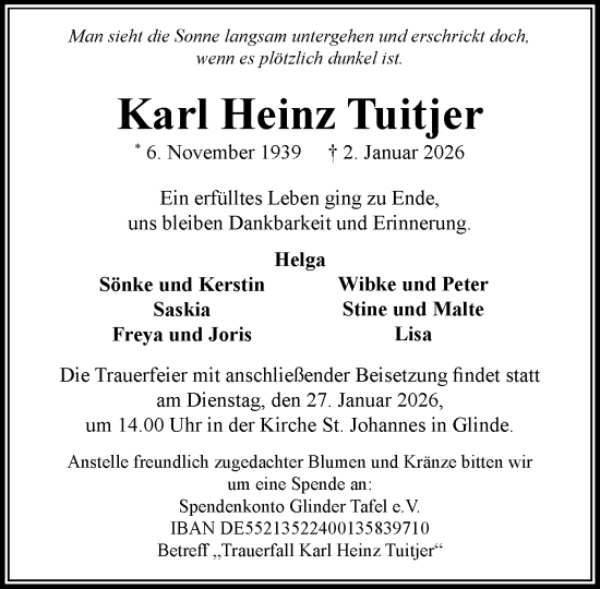Traueranzeige von Karl Heinz Tuitjer von MARKT Glinde/Reinfeld