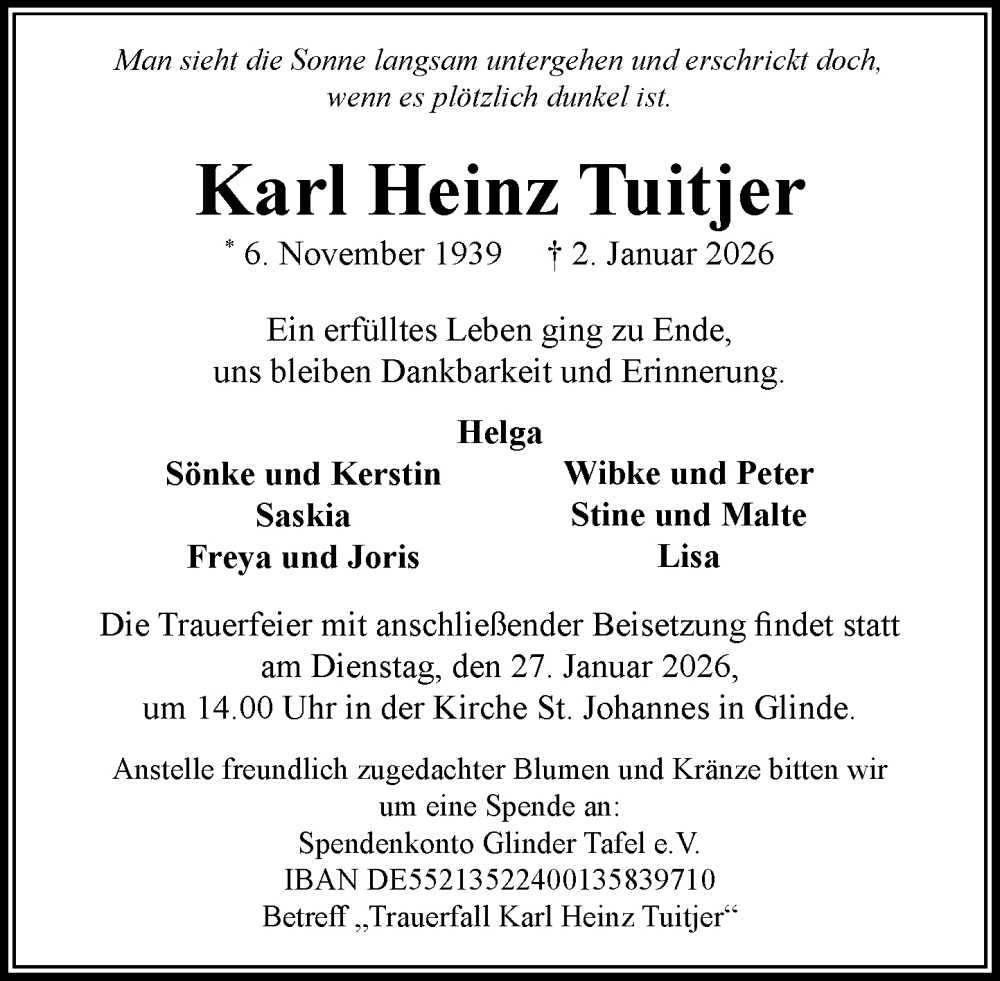  Traueranzeige für Karl Heinz Tuitjer vom 17.01.2026 aus MARKT Glinde/Reinfeld