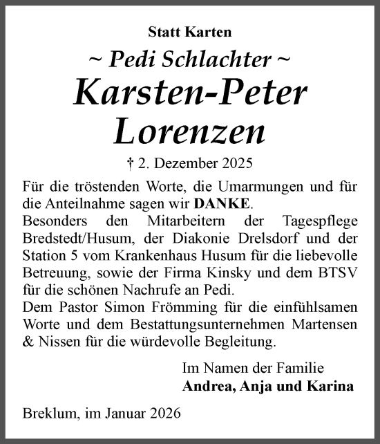 Traueranzeige von Karsten-Peter Lorenzen von Husumer Nachrichten, Nordfriesland Tageblatt