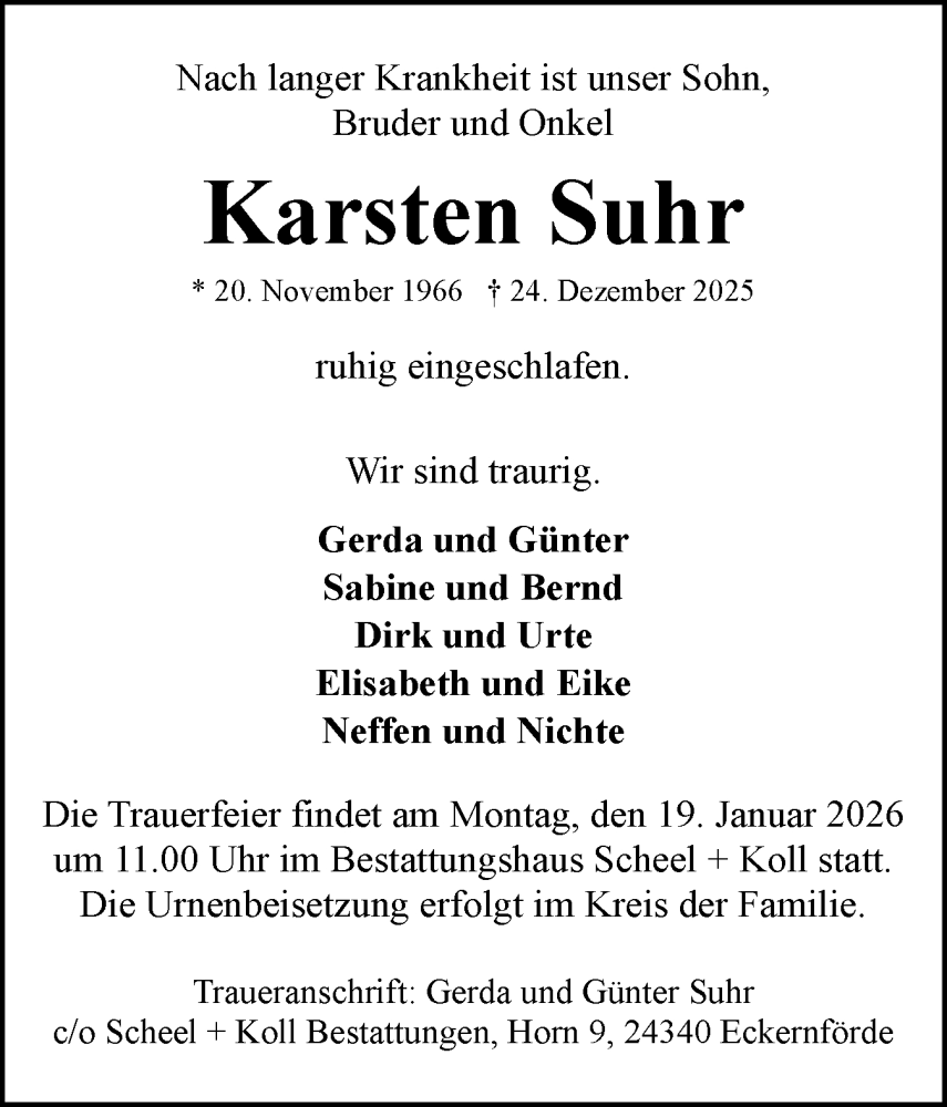  Traueranzeige für Karsten Suhr vom 10.01.2026 aus Eckernförder Zeitung, Hallo Eckernförde
