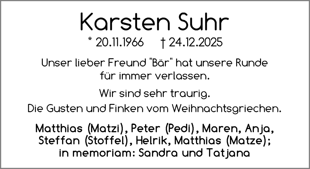  Traueranzeige für Karsten Suhr vom 10.01.2026 aus Eckernförder Zeitung, Hallo Eckernförde