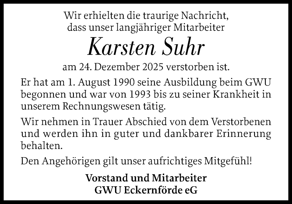  Traueranzeige für Karsten Suhr vom 16.01.2026 aus Eckernförder Zeitung