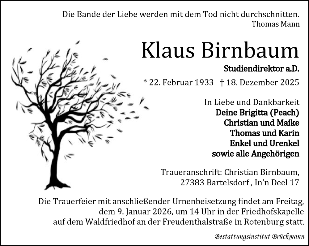  Traueranzeige für Klaus Birnbaum vom 03.01.2026 aus MARKT Ahrensburg/Bargteheide/Trittau und Stormarner Tageblatt