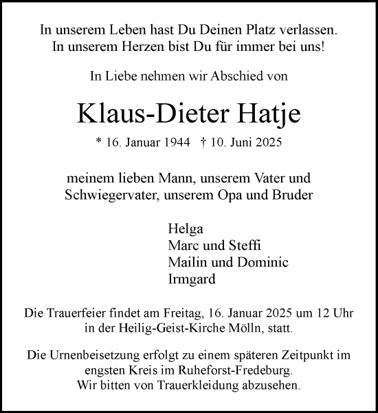 Traueranzeige von Klaus-Dieter Hatje von MARKT Ratzeburg/Mölln