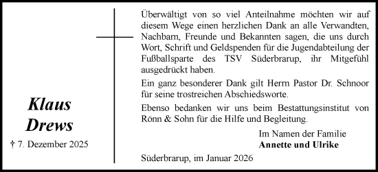 Traueranzeige von Klaus Drews von Flensburger Tageblatt, Schleswiger Nachrichten, Schlei-Bote