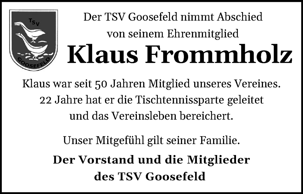  Traueranzeige für Klaus Frommholz vom 24.01.2026 aus Eckernförder Zeitung, Hallo Eckernförde