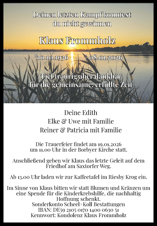 Traueranzeige von Klaus Frommholz von Eckernförder Zeitung, Hallo Eckernförde