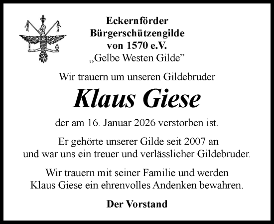 Traueranzeige von Klaus Giese von Eckernförder Zeitung