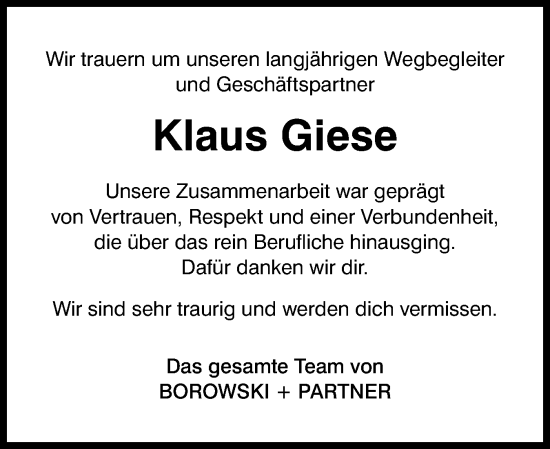 Traueranzeige von Klaus Giese von Eckernförder Zeitung