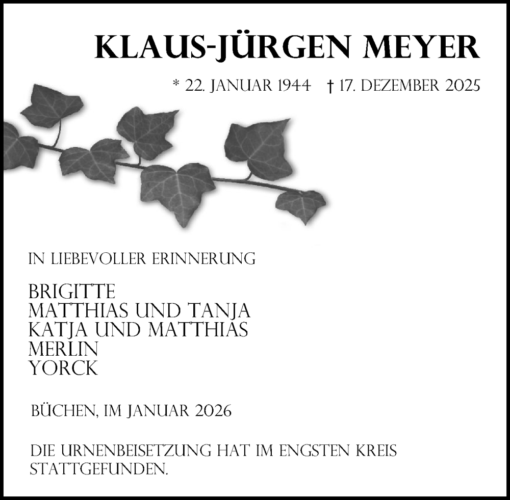  Traueranzeige für Klaus-Jürgen Meyer vom 17.01.2026 aus Wochenend Anzeiger