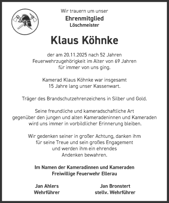 Traueranzeige von Klaus Köhnke von Umschau