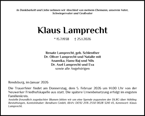 Traueranzeige von Klaus Lamprecht von Schleswig-Holsteinische Landeszeitung