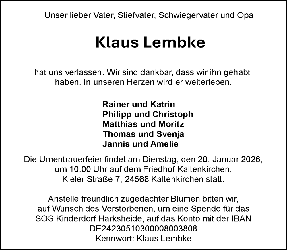  Traueranzeige für Klaus Lembke vom 10.01.2026 aus Umschau