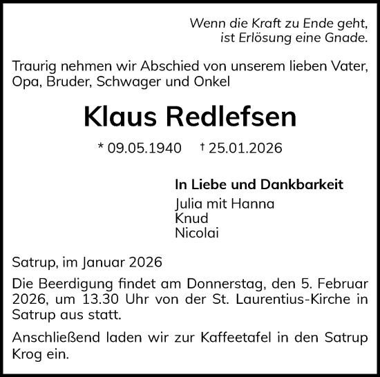 Traueranzeige von Klaus Redlefsen von Flensburger Tageblatt