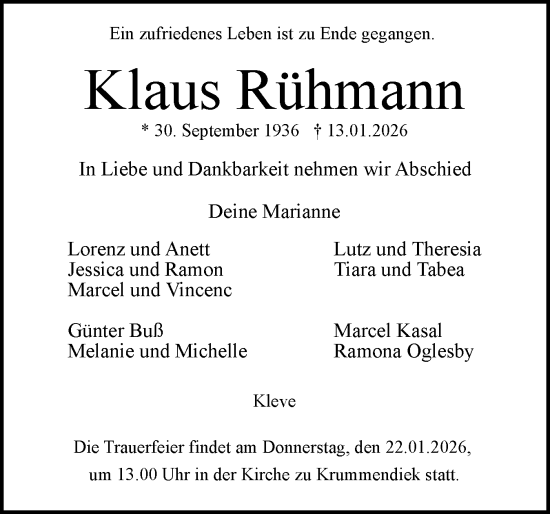 Traueranzeige von Klaus Rühmann von Norddeutsche Rundschau, Wilstersche Zeitung, Glückstädter Fortuna