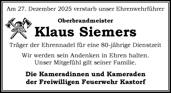 Traueranzeige von Klaus Siemers von MARKT Ratzeburg/Mölln