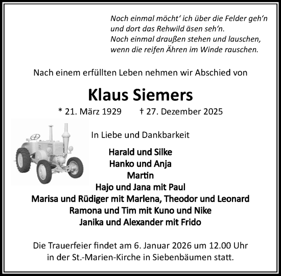 Traueranzeige von Klaus Siemers von MARKT Ratzeburg/Mölln