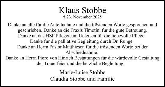 Traueranzeige von Klaus Stobbe von Uetersener Nachrichten, Der tip am Wochenende