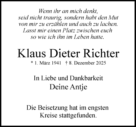 Traueranzeige von Klaus Dieter Richter von Uetersener Nachrichten, Der tip am Wochenende