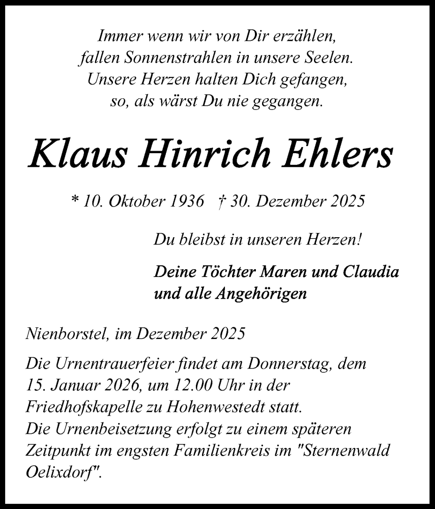  Traueranzeige für Klaus Hinrich Ehlers vom 10.01.2026 aus Schleswig-Holsteinische Landeszeitung