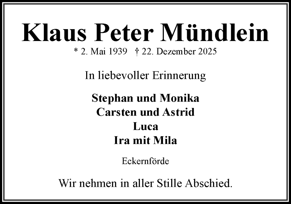  Traueranzeige für Klaus Peter Mündlein vom 10.01.2026 aus Eckernförder Zeitung, Hallo Eckernförde