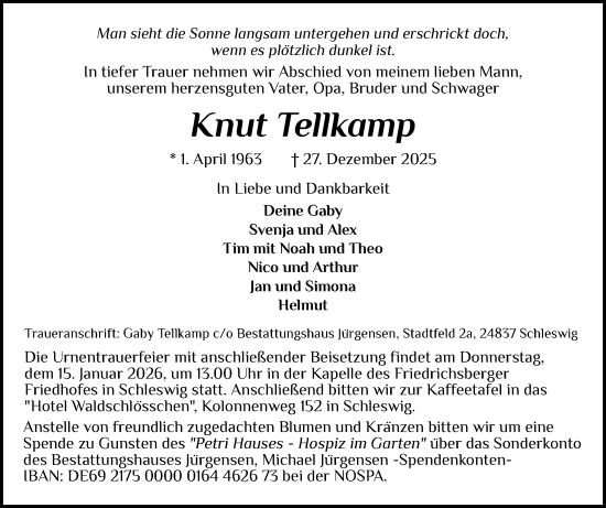 Traueranzeige von Knut Tellkamp von Schleswiger Nachrichten, Schlei-Bote