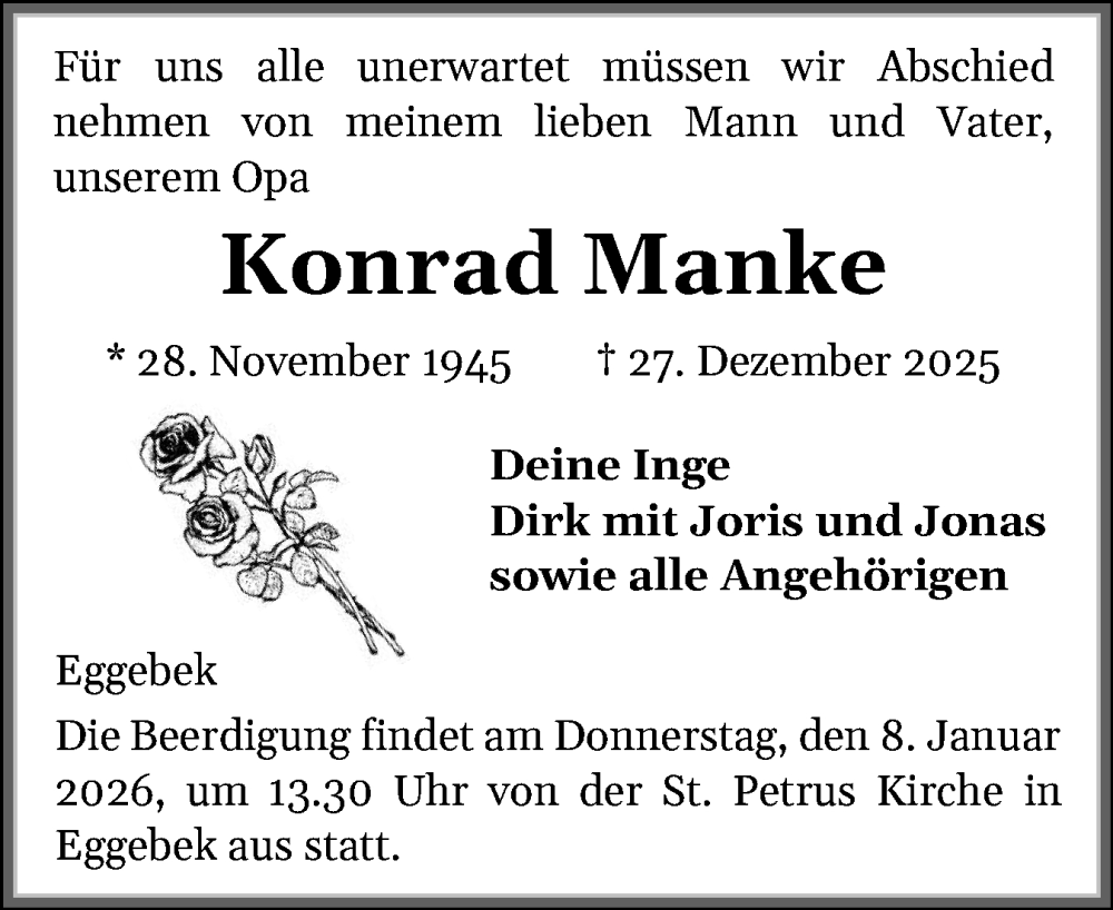  Traueranzeige für Konrad Manke vom 03.01.2026 aus Flensburger Tageblatt