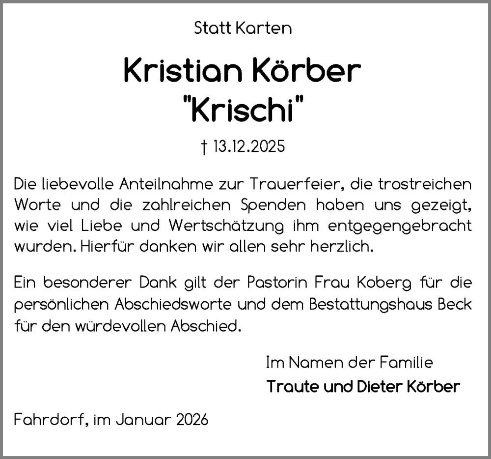  Traueranzeige für Kristian Körber vom 17.01.2026 aus Schleswiger Nachrichten, Schlei-Bote