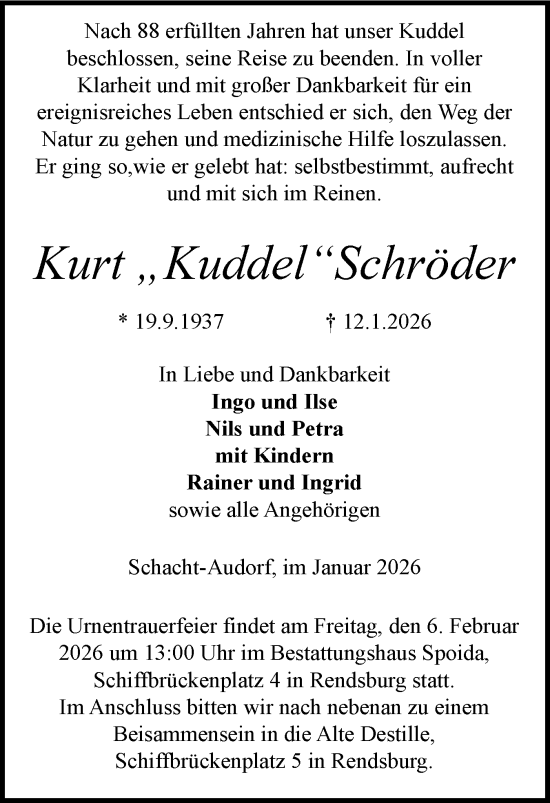 Traueranzeige von Kurt Schröder von Schleswig-Holsteinische Landeszeitung