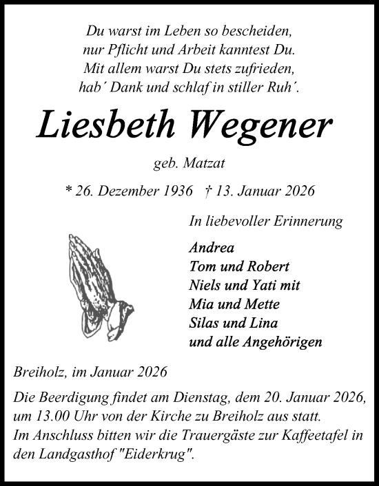 Traueranzeige von Liesbeth Wegener von Schleswig-Holsteinische Landeszeitung