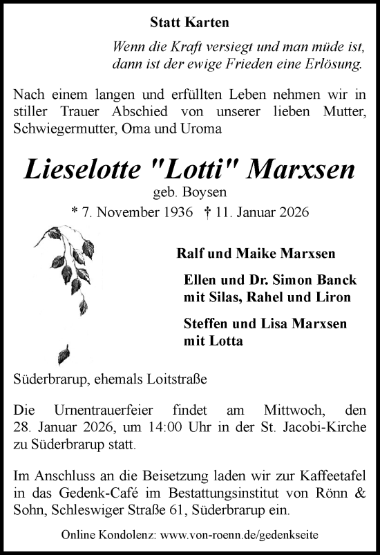 Traueranzeige von Lieselotte Marxsen von Schleswiger Nachrichten, Schlei-Bote