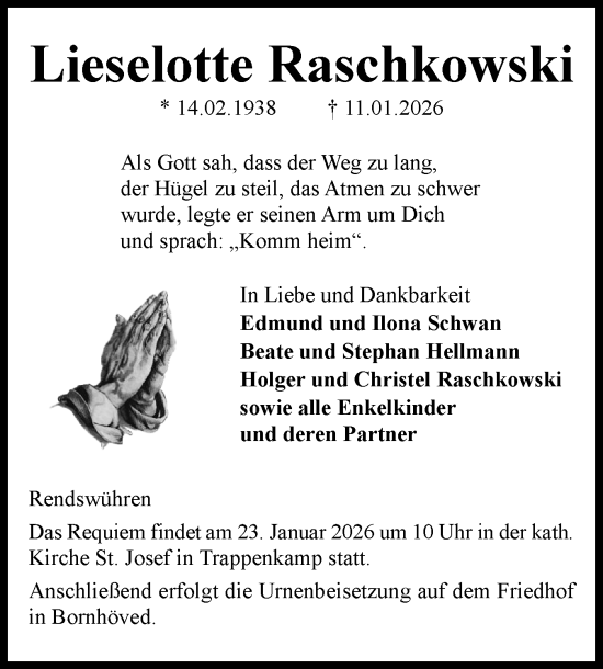Traueranzeige von Lieselotte Raschkowski von Holsteinischer Courier