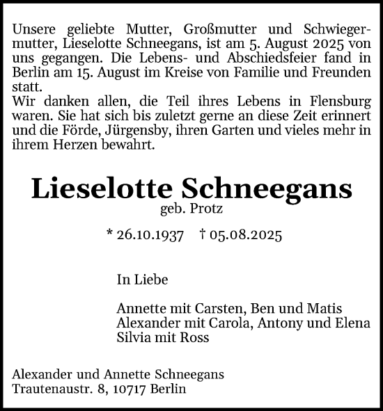 Traueranzeige von Lieselotte Schneegans von Flensburger Tageblatt