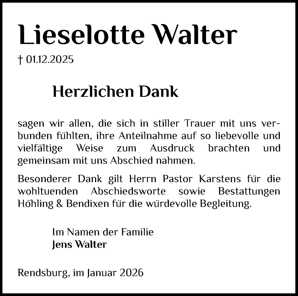  Traueranzeige für Lieselotte Walter vom 10.01.2026 aus Schleswig-Holsteinische Landeszeitung