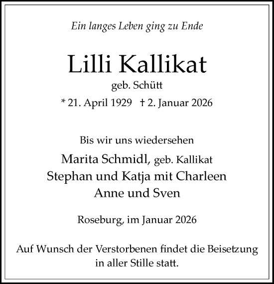 Traueranzeige von Lilli Kallikat von Wochenend Anzeiger