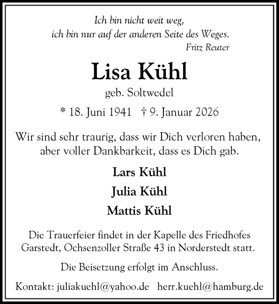 Traueranzeige von Lisa Kühl von Heimatspiegel