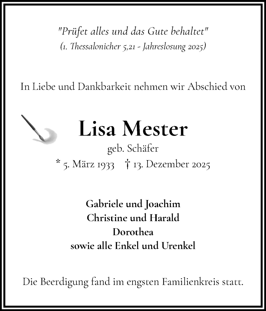  Traueranzeige für Lisa Mester vom 03.01.2026 aus Wedel-Schulauer Tageblatt, tip Wedel-Schulauer Tageblatt, tip Rissener Rundschau